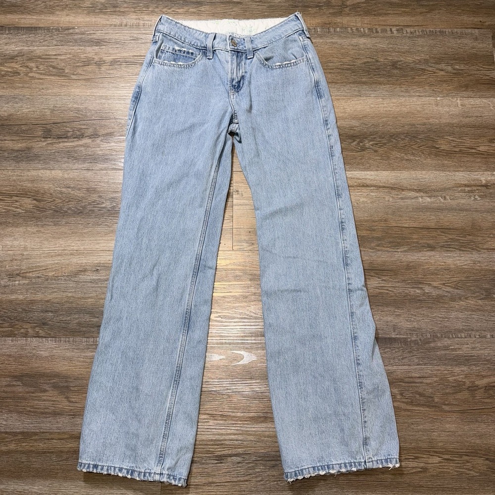 Hollister Low-Rise Baggy Jeans Womens 000R-23W Light Wash w/Raw Frayed Hem Y2K
